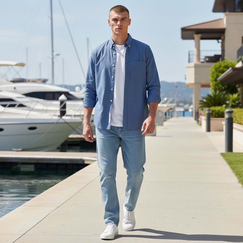 Club Monaco Mens Modern Slim‎ Fit Blue White Striped Cotton Button Down Shirt M